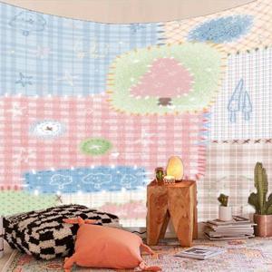 TEMU 부드러운 복숭아 빛 베이지색 태피스트리 벽걸이 - 집, 나무 & 구름의 기발한 패치워크 디자인, 파스텔 색상, 크리스마스, 발렌타인데이, 부활절, 결혼식용 사계절 홈 데코 - 휴일 및 축하 행사에 완벽한 선물, 추상적인 무늬, 아늑한 원단, 이벤트 플래너를 위한 주목할 만한 장식