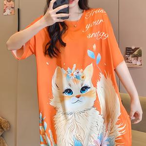 TEMU 여성용 화려한 꽃 무늬 고양이 프린트 실크 나이트가운 - 가벼우며 통기성이 좋은 부드러운 편안한 반팔 수면 드레스, 여름용, 캐주얼 루즈웨어, 캐주얼 잠옷 | 재미있는 디자인 | 부드러운 질감