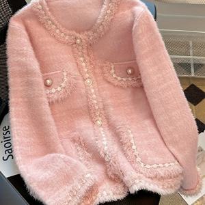 TEMU 여성용 우아한 프렌치 스타일 소프트 핑크 가디건 - 진주 같은 버튼 클로저가 있는 긴팔 라운드 넥 스웨터 코트, 캐주얼 & 포멜룩에 어울리는 중간 신축성 사계절 레이어링 피스 (손세탁 가능)