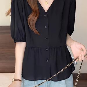 TEMU 여성용 우아한 V넥 블라우스 - 버튼 프론트 셔츠, 러플 헴, 올 시즌 오피스 & 데일리 탑, 여성용, 신축성 없는 포멀 캐주얼 의상, 시크한 여성 블라우스, 오피스, 파티, 웨딩 복장 - 간편한 관리 여성 의류, 여성 블라우스