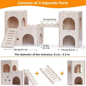 TEMU 대형 목재 햄스터 하우스 캐슬, 다중 조합 옵션, 이중층 멀티룸 은신처 및 사다리 DIY 조립, 2개 세트, 시리아 골드햄스터용