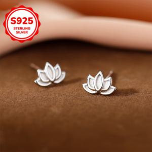TEMU 925 실버 플레이트 귀여운 우아한 미니 로터스 스타드 귀걸이, 하이퍼알러지성, 스테링 실버 귀개, 여성용 일상 착용, 선물 제공