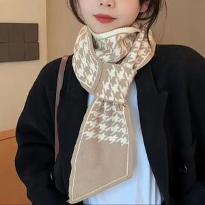 TEMU 여성용 두꺼운 하운드투스 스카프 - 따뜻하고 방풍이며 스타일리시한 목걸이 가이터, 가을과 겨울에 적합, 검정과 흰색 체크무늬 패턴, 야외 활동에 완벽, 겨울 스카프 | 체크무늬 | 폴리에스터 스카프