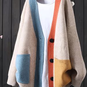 TEMU 플러스 사이즈 여성용 우아한 컬러블록 가디건 - 100% 아크릴 소프트 오픈 프론트 긴팔 라운드넥 가을 겨울 캐주얼 외투