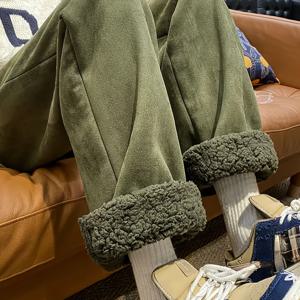 TEMU 여성용 편안한 플리스 안감 와이드 레그 팬츠 - 캐주얼, 두꺼운, 올리브 그린, 신축성 있는 허리끈, 가을과 겨울에 완벽한 편안한 의류 | 편안한 핏 팬츠 | 신축성 있는 허리끈 팬츠|냉장고바지|바지