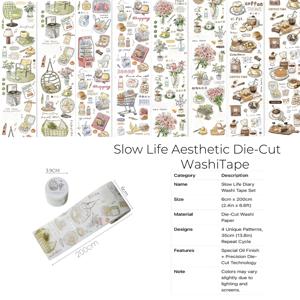 TEMU 커피와 과자에 대한 삽화가 있는 와시 테이프 4롤 - 빈티지 DIY 노트북 장식, 예술적인 책 콜라주 재료, 일기장 및 선물 아이디어에 완벽, 종이 아닌, 선물 노트북 액세서리 | 커피 테마 장식 | 와시 테이프 롤, 커피 바 액세서리|일기장