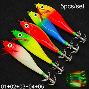 TEMU AVLCOAKY 5개입 야광 하드 낚시 루어 - 소리나는 비즈 포함, 내구성 강한 새우 & 오징어 지그, 바닷물/민물용, 야간 참치, 고등어, 게임피쉬용 멀티컬러 야광 훅 -