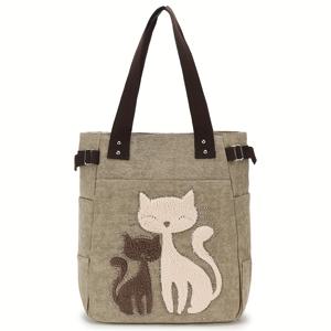 TEMU 귀여운 고양이 토트백, 여성용 폴리에스터 안감과 지퍼 클로저가 있는 심플한 패션 숄더백|에코백