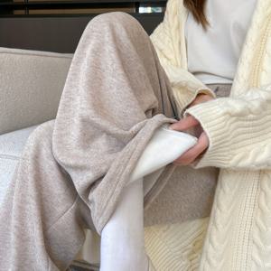 TEMU 여성 캐주얼 와이드 레그 팬츠 - 폴리에스터 블렌드 (비스코스, 엘라스테인 포함), 단색, 니트 원단, 가을/겨울 코지 라운지 트라우저 (포켓 포함)|냉장고바지|바지|여성의류