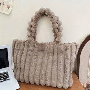 TEMU 최신 유행 코듀로이 토트 백 - 인조 모피, 다중 포켓, 가볍고 튼튼, 캐주얼 스타일, 해변, 쇼핑, 일상 사용에 완벽 - 베이지, 핑크, 블랙 색상 제공, 자석 잠금 장치, 폴리에스테르 안감, 손세탁 또는 드라이클리닝