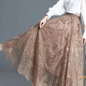 TEMU 여성용 우아한 자수 스커트 - 반투명 긴 소재, 복잡한 자수 디테일과 우산 밑단, 봄/가을용 레귤러 핏, 캐주얼에서 포멀웨어까지 다용도, 귀여운 스타일의 섬세한 질감