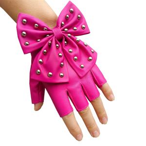 TEMU 장식 스터드와 리본이 달린 여성용 PU 가죽 핑거리스 장갑 - 신축성 있는 스트레치 핏, 블랙, 나이트클럽 및 캐주얼 외출, 댄스, 운전용 자카드 스티칭