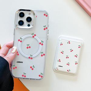 TEMU 2025년 패션의 최신 자석 카툰 체리 디자인 폰 케이스와 자석 카드 홀더 세트 - 강력한 자석 연결을 특징으로 하는 이 2-in-1 보호 콤보는 아이폰 모델 16/15/14/13/12/11 프로 맥스 및 7 8 플러스 KX1을 위한 디자인으로, 1-2개의 신용 또는 ID 카드를 안전한 내장된 공간에 수용합니다.