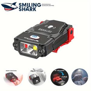 TEMU 1pc 스마일링 샤크 2-IN-1 LED 헤드라이트 플래시 라이트, 초광택 LED 클립 온 캡 라이트, 미니 핸즈프리 햇 라이트, 센서 모션으로 재충전 가능한 플래시 라이트 헤드 램프 - 낚시를 위한 90° 조절 가능