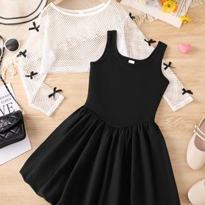 TEMU 여아용 웨스턴 스타일 세트, 가을 시스루 탑 + 플로럴 크롭 베스트 스커트 투피스 의상