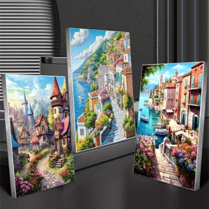 TEMU 3개 DIY 페인팅 풀 드릴 해안 건축 퍼즐 세트, 30x40cm / 15.75x11.81 인치|보석십자수