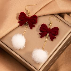 TEMU 우아한 레드 벨벳 리본 & 화이트 폼폼 매달린 귀걸이 한 쌍 - 아연 합금, 크리스마스 & 휴일 축하에 완벽, 축제용 주얼리|우아한 귀걸이|아연 합금 귀걸이