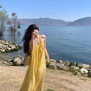 TEMU 여성용 우아한 비치 드레스 - 옐로우 스파게티 스트랩, 플로우 포멀 & 캐주얼 휴가, 파티, 여름 이브닝 가운, 비치웨어, 오프숄더 디자인, 통기성 소재, 성인 의류