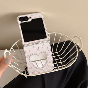 TEMU 진주 하트 미러 작은 꽃무늬 전기도금 스킨 접이식 폰 케이스 삼성 갤럭시 Z 플립 3 4 5 6 7 호환, 폰 케이스 Z 플립, 플립 래빗, 제트 플립, 제트 플립 미러, 제트 플립 힌지 보호, 폰 케이스, 핸디 케이스