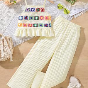 TEMU 봄/여름 소녀 패셔너블한 새로운 우아한 다용도 디자인 플리츠 밑단 레이스 트림 민소매 캐미솔 탑 + 매칭 솔리드 컬러 트렌디 팬츠 캐주얼 파티 편안한 세트, 어린 소녀를 위한 완벽한 야외 활동, 여아 상하복, 여아 투피스, 여아 의류, 여아 상하세트, 여아 바지