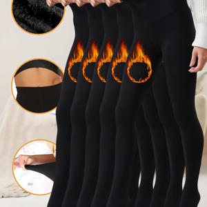 TEMU 5팩 여성용 고신축성있는 스키니 팬티 스타킹 - 플리스 라이닝, 신축성있는 있는 허리, 니트 소재, 긴 길이, 단색, 폴리에스테르 블렌드 (폴리에스테르 95%, 엘라스틴 5%) 가을/겨울 캐주얼 착용용