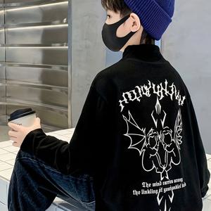 TEMU 소년용 날개 프린트 플리스 라인 터틀넥 셔츠, 폴리에스터 블렌드, 하이 스트레치, 긴 소매, 따뜻한 상의, 정상적 핏, 12세 미만 어린이용