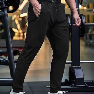 TEMU 남성용 풀 길이 테이퍼드 조거 팬츠 - 지퍼 포켓이 있는 솔리드 컬러 운동용 러닝 팬츠, 올리브 그린 (다크 브라운/블랙/네이비/베이지) - 세탁기 사용 가능한 캐주얼 짐 & 캐주얼 복장, 논-스트레치 직조 바지