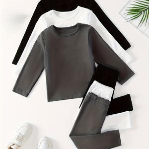 TEMU 어린이용 3종 세트: 그레이 & 화이트 솔리드 컬러 긴팔 플리스 웜업 상의 + 매칭 솔리드 팬츠 콤보 팩|옷