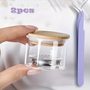 TEMU 2개 세트 네일 아트 브러시 클리닝 컵 (뚜껑 포함) - 두꺼운 유리 & 스테인리스 메쉬 필터, 그릴 트위저 & 티어드 디자인 매니큐어 페디큐어 도구용 - 내구성 있는 페인트 브러쉬 클리너, 네일 및 홈 사용, 페디큐어 필수품, 슬림한 원통형 디자인, 튼튼한 구조, 미용 전문가용