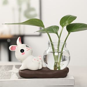 TEMU 유리 수경 병 - 베이스가 있는 세라믹 토끼, 치유 세라믹 토끼 장식용 3피스 세트 | 크리스마스/새해 분위기 장식품, 창의적인 소형 녹색 식물 수경 용기 (입구 사무실 책상 책장 장식용) ||수경