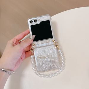 TEMU 3D 진주 리본 접이식 폰 케이스, 삼성 Z 플립 3/4/5/6/7 여성용 플립 커버 풀 보호 케이스