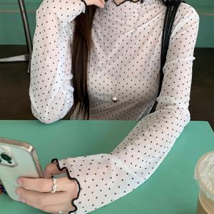 TEMU 여성용 우아한 화이트 & 블랙 도트 롱 슬리브 블라우스 - 세미 시어 라운드넥 티셔츠 탑, 한국 스타일 봄/가을 레이어링 아이템, 세탁기 사용 가능 캐주얼에서 드레시 웨어 (ZX355)