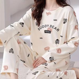 TEMU 여성용 만화 문자 곰돌이 파자마 세트, 새로운 봄/가을 컬렉션 긴팔 상의와 바지 투피스 라운지웨어, 편안한 루즈핏 연베이색- 귀여운 파자마, 따뜻한 여성용 잠옷, 포근한 나이트웨어, 취침복, 캐주얼 수면복, 신축성 있는 패브릭의 두피스 파자마