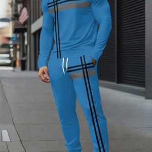 TEMU 남성용 3D 프린트 레터 긴팔 티셔츠 & 팬츠 세트 - 여름 캐주얼 스포츠웨어, 레귤러 핏, 크루 넥, 약간의 신축성 있는 원단, 주말 캐주얼 착용에 이상적, 캐주얼 스포츠웨어| 패턴|신축성 있는 원단