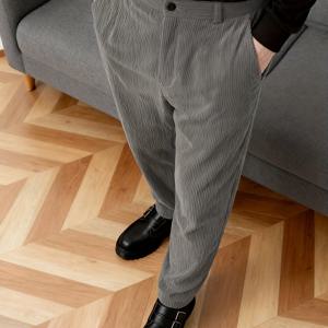 TEMU 남성용 코듀로이 팬츠 - 다크 그레이 편안한 핏 드레스 바지, 탄성 허리밴드 & 버튼 클로저, 코듀로이 질감 (벨트 루프 없음), 캐주얼 & 포멀 웨어, 세탁기 사용 가능, 봄/가을 바지 (코듀로이 수트 스타일)