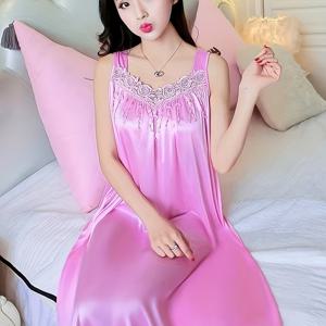 TEMU 여성용 여행용 단용 야상 - 핑크색 사틴과 유사한 소재, V넥과 대비되는 레이스 디테일, 어깨 없는 중간 길이 야상, 여름용, 편안하고 통기성이 좋음, 호텔 및 휴식용으로 이상적, 편안한 휴식 | 레이스 디테일링 | 사틴과 유사한 소재|나시원피스|민소매원피스