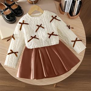 TEMU 봄가을 여아 패션 신상, 아트적 우아한 디자인 솔리드 컬러 리본 장식 라운드넥 긴팔 상의와 플리츠 미디 스커트 세트, 편안한 투피스 세트 - 피크닉, 봄 나들이, 캐주얼 외출, 파티용, 가족과 친구를 위한 완벽한 선물, 야외 활동에 적합