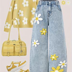 TEMU 여아용 투피스 세트: 스웨터 + 플로럴 자수 와이드 레그 페이크 데님 | 부드럽고 생생한 따뜻함 & 편안한 레트로 스트리트 스타일로 시원하고 스타일리시한 룩 연출, 야외용 니트