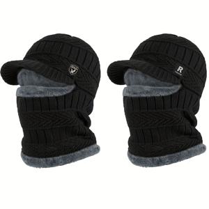 TEMU 2개 남성용 겨울 따뜻한 니트 후드 풀오버, 귀와 목 보호 기능, 방한 아웃도어 비니, 계절별 착용,야외 따뜻함,포근한 겨울 모자,트렌디한 헤드웨어,니트 원단,보온 비니,캐주얼 웨어