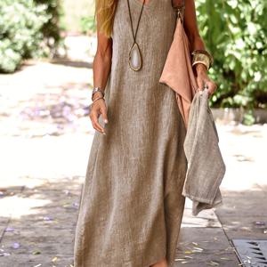 TEMU 여성용 소프트 드레이프 패브릭 V넥 민소매 원피스 - A라인 루즈핏 캐주얼 솔리드 컬러 롱 드레스, 세탁기 사용 가능 사계절 다목적 캐주얼 & 반정장, 부드러운 질감, 가벼운 소재, 성인 여성