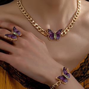 TEMU 여성용 컬러풀 블루 & 퍼플 아크릴 나비 곤충 메탈 체인 목걸이, 팔찌 및 반지 세트 - 가벼운 우아한 고급 휴가 귀여운 스타일