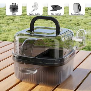 TEMU 강력한 플라스틱 소형 애완동물 여행용 케이지, 대형 러닝 휠, 물병 및 먹이 공간 - 쥐, 햄스터 및 여우에 적합 - 실내/실외 사용