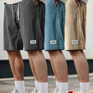 TEMU 1개 HIDKAT 남성용 코듀로이 반바지 - 신축성 있는 드로스트링 허리, 가벼운 여름 해변 수영용 반바지, 솔리드 컬러 캐주얼 아웃도어 반바지, 코듀로이 소재 (벨트 루프 없음), 서핑, 보드워크 및 캐주얼 착용 - 세탁기 사용 가능