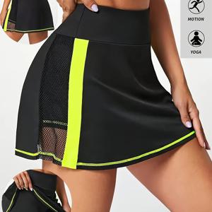 TEMU 여성용 운동 스커트 - 네온 그린 사이드 디자인, 고신축 비침 방지 러닝/요가 트레이닝 스커트 - 세탁기 사용 가능 블랙/네온 그린 컬러블록, 요가 의류, 측면 디자인, 반투명 소재