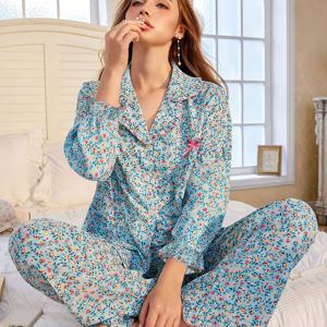 TEMU 2개 세트 블루 플로럴 여성용 파자마 세트, 러플 긴팔 상의와 바지, 편안하고 우아한 가을 라운지웨어, 오픈 프론트 칼라 싱글브레스트 플로럴 프린트 잠옷, 여성용 파자마/나이트웨어