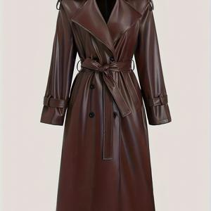 TEMU 여성용 PU 가죽 오버사이즈 롱 코트 - 우아한 칼라 더블브레스티드 재킷, 벨트 허리 & 포켓, 다크 브라운 트렌치 코트, 캐주얼 & 정장 이벤트용 (손세탁 가능한 PU 가죽 아우터웨어)