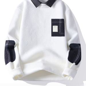 TEMU 남성용 두꺼운 겨울 스웨터 재킷 & 셔츠 칼라 - 회색/파란색/검정색/베이지 컬러 블록 코트, 젊은 남성을 위한 캐주얼 따뜻한 풀오버, 손세탁 가능한 가을/겨울 아우터웨어 (칼라핀 필요 없음)