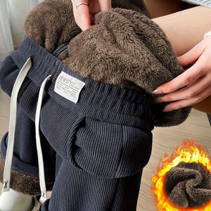 TEMU 여성용 한국풍 겨울 보온 와이드 레그 팬츠 - 풀 기장 플리스 느낌 아우터웨어 팬츠, 포켓 포함, 핏 (없음), 따뜻함 / 한국 스타일 캐주얼 웨어 (가을/겨울) - 드레스와 다양한 매치 가능|여성원피스|냉장고바지|바지