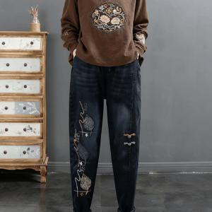 TEMU 여성 가을 겨울 긴바지 배기팬츠 하이웨스트 자수 문예 패션 통근 스판 데님 팬츠 데일리 SLIM GIRL 슬림소녀