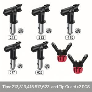 TEMU 페인트 스프레이 건 팁 5개와 팁 가드 노즐 시트 2개 - 스프레이어 머신용 유니버설 금속 교체 세트, 스테인레스 스틸 마감, 유럽 및 미국 스레드와 호환 가능 (213, 313, 415, 517, 623)